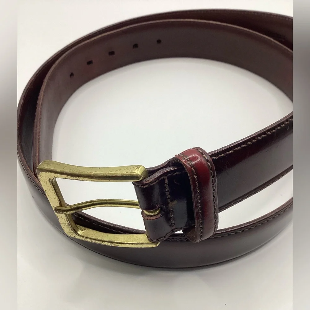 Smooth Reddish Brown Leather Belt with Gold Brass Buckle - Picture 2 of 15